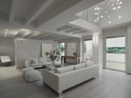 Foto de Interior of a modern living room with wood floor in the foreground, the sofa - Imagen libre de derechos