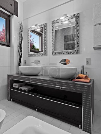 Téléchargez les photos : Modern bathroom interior with masonry washbasin cabinet with two sinks - en image libre de droit