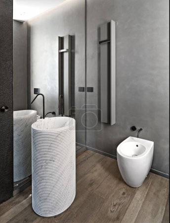 Téléchargez les photos : Une colonne lavabo dans la salle de bain moderne avec parquet sur le fond le bidet - en image libre de droit