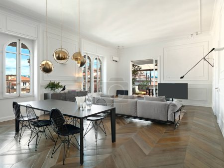 Foto de Moderno salón interior en el primer plano la mesa de comedor en el fondo el sofá de tela el suelo está hecho en parquet fl - Imagen libre de derechos
