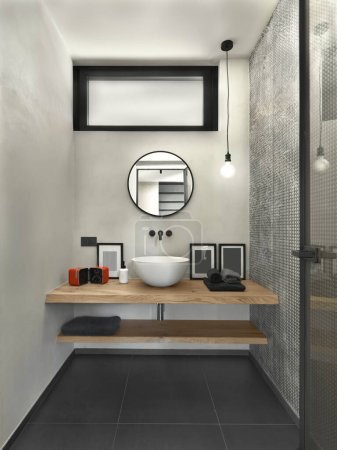 Téléchargez les photos : Détail du comptoir en bois avec évier pour salle de bain moderne - en image libre de droit