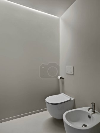 Téléchargez les photos : Vue intérieure d'une salle de bain au premier plan le bidet et les toilettes, les murs sont finis en résine - en image libre de droit