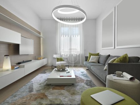 Téléchargez les photos : Salon moderne intérieur avec canapé et sol en bois - en image libre de droit