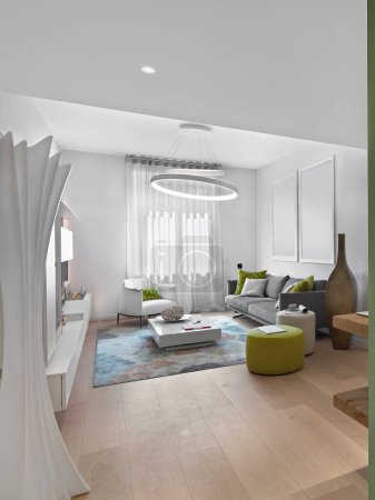 Téléchargez les photos : Salon moderne intérieur avec un plancher en bois en arrière-plan le canapé en tissu un fauteuil et le repose-pieds vert - en image libre de droit