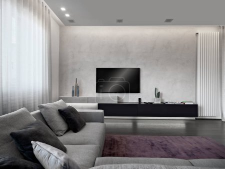 Foto de Sala de estar moderna con sofá de tela y TV - Imagen libre de derechos
