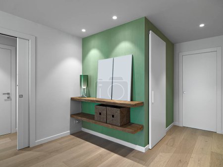 Téléchargez les photos : Vue intérieure de l'entrée d'un appartement au premier plan deux étagères en bois avec une lampe verte moderne au-dessus, le mur est une peinture de vert tandis que le sol est en parquet, à gauche et à droite il y a des portes coulissantes blanches. - en image libre de droit
