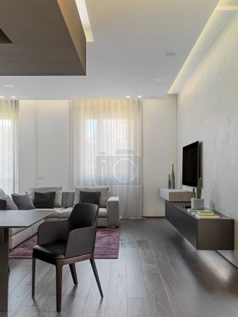 Téléchargez les photos : Vue intérieure d'un salon moderne avec un sol en bois au premier plan la chaise au fond le canapé et la télévision - en image libre de droit