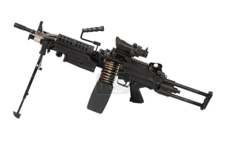 M249 "Para" ametralladora ligera SAW - Squad Automatic Weapon, ampliamente utilizada en las Fuerzas Armadas de los Estados Unidos. Aislado sobre fondo blanco.