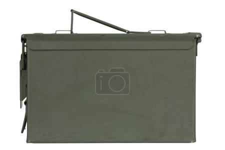US army green metal ammo box for gun cartridges isolated on white.