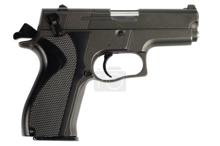 Cocked semi automatic handgun on white background