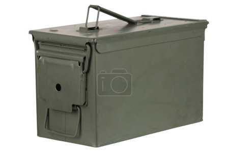 US army green metal .50 cal. ammo box isolated on white.