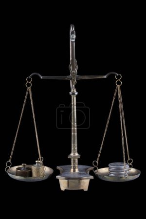 Bronze traditional balance scale set with weights and silver coins on black background.