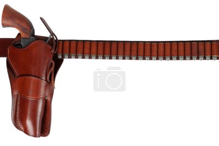 Old west leather gun belt with ammunition and revolver in holster isolated on white background