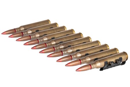 Ammunition belt with 12.7mm cartridges for heavy machine gun isolated on white background.
