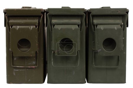 US army green metal .30 cal ammo boxes isolated on white.