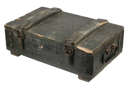 Army F-1 hand grenade wooden crate. Text in russian - type of ammunition, projectile caliber, projectile type, number of pieces and weight. Isolated on white background.