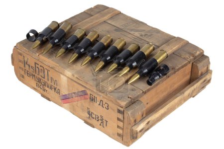 Soviet army crate for 14.5mm ammunition with ammo belt. Text in russian - "sealed packaging" and type of ammunition, projectile caliber, projectile type. Isolated on white background.