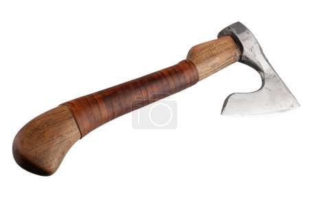 battle axe with wooden handle on white background