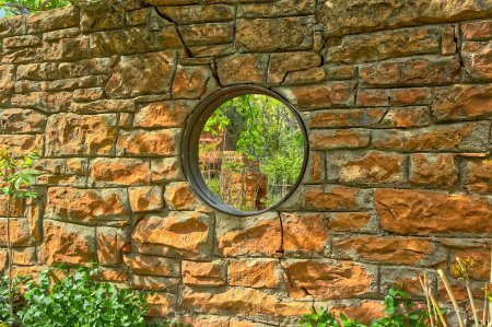 Photo for View through a round window of the only remaining wall of the Mayhew Lodge in the Call Of The Canyon recreational area. Built in 1870 near Oak Creek Arizona. - Royalty Free Image