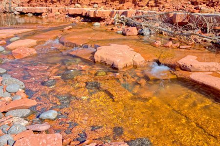 Nahaufnahme von Wasser fließt über roten Sandstein in Dry Beaver Creek in Woods Canyon AZ.