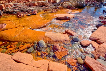 Nahaufnahme von Wasser fließt über roten Sandstein in Dry Beaver Creek in Woods Canyon AZ.