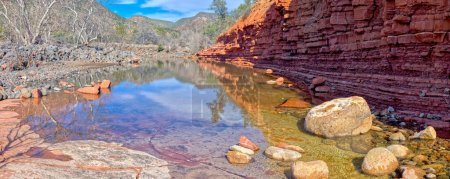 Panorama of Dry Beaver Creek running along a red sandstone wall in Woods Canyon AZ.