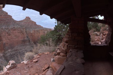 Inside view of the 3 Mile Rest House along Bright Angel Trail at Grand Canyon Arizona.