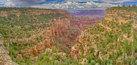 A side canyon view of Grand Canyon Arizona east of Grandview Point with storm clouds in the sky during the 2022 Monsoon season.