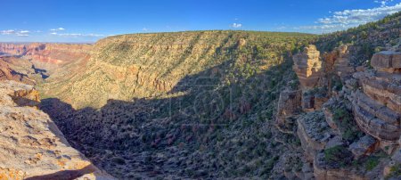Panorama view of Tanner Trail below the cliffs of Lipan Point Grand Canyon Arizona.