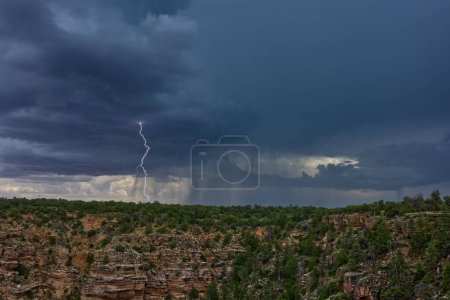 An Arizona Monsoon storm approaching Grand Canyon South Rim. This lightning strike was captured near the Desert View Point viewed from Navajo Point.
