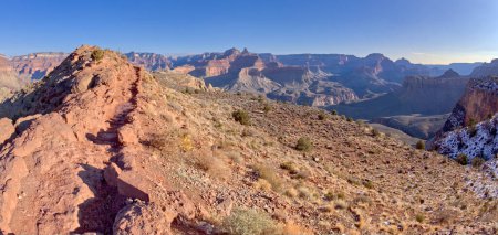 Morning view of the South Kaibab Trail north of O'Neill Butte with Cremation Creek below on the right. Skeleton Point is in the distance left of center.