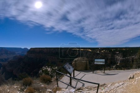 View of Grand Canyon Village Arizona under moonlight from the Trailview Overlook.