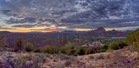 Sedona Arizona viewed from the west side of Airport Mesa Loop Trail during twilight.