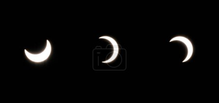 A composite image of 3 photos showing the progression, from left to right, of the Solar Eclipse of October 14th, 2023, viewed from Chino Valley Arizona. At this location 82 percent of the sun was eclipsed at the peak in the 2nd photo.