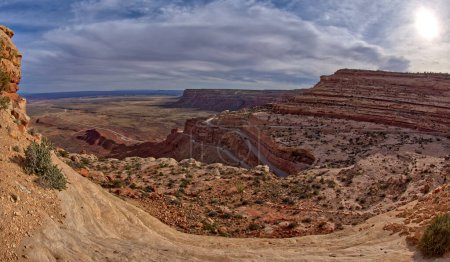 The winding Utah road of Highway 261 up the Moki Dugway from Valley of the Gods below.