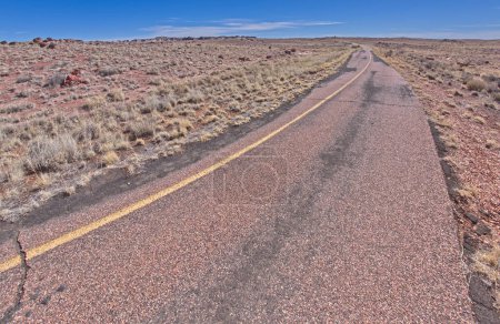 Foto de El camino pavimentado, que solía ser un camino viejo, que conduce al sendero de troncos largos y la casa de ágata en el Parque Nacional Bosque Petrificado Arizona. - Imagen libre de derechos