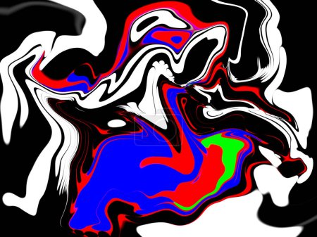 An abstract created by painting solid circles of the primary colors of red, blue, green, and white, with a black background and then liquifying them with random vectors. NOT AI CREATED.