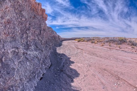 La pared erosionada de Jim Camp Wash debajo de Hamilili Point en el extremo sur del Parque Nacional Bosque Petrificado Arizona.