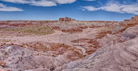 Tall hoodoo towers in the valley below Blue Mesa in Petrified Forest National Park Arizona.