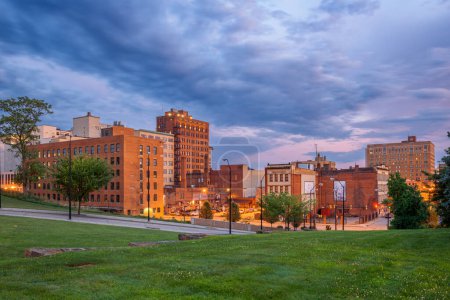 Youngstown, Ohio, USA downtown park and townscape at twilight.