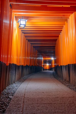 Foto de Puertas de torii Fushimi inari taisha shrine en kyoto, Japón en la noche. - Imagen libre de derechos
