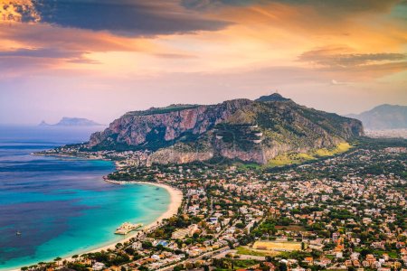 Palermo, Sicily, Italy in the Mondello borough from above at dusk.