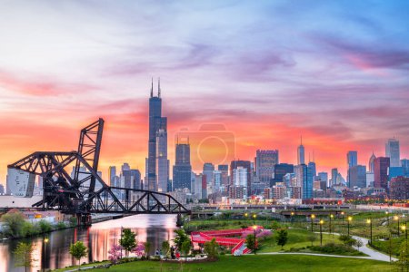 Photo for Chicago, Illinois, USA park and downtown skyline at twilight in spring. - Royalty Free Image