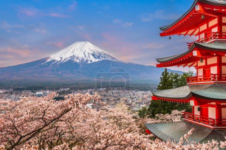 Foto de Fujiyoshida, Japón en la Pagoda Chureito y Mt. Fuji en primavera con flores de cerezo. - Imagen libre de derechos