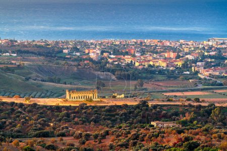 Photo for Agrigento, Sicily, Italy cityscape towards the Valley of the Temples and the Mediterrean at dawn. - Royalty Free Image