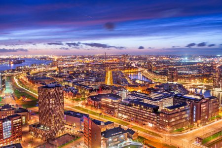 Photo for Rotterdam, Netherlands, cityscape towards the borough of Delfshaven at twilight - Royalty Free Image