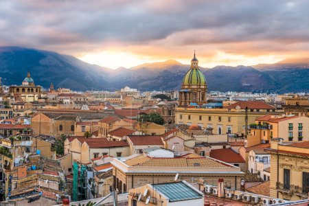 Photo for Palermo, Sicily town skyline with landmark towers at dusk. - Royalty Free Image