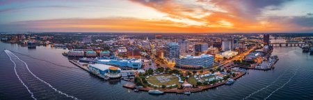 Photo for Norfolk, Virginia, USA downtown city skyline from over the Elizabeth River at dusk. - Royalty Free Image