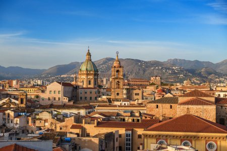 Photo for Palermo, Sicily town skyline with landmark towers in the morning. - Royalty Free Image