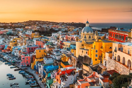 Photo for Procida, Italy old town skyline in the Mediterranean Sea during dusk. - Royalty Free Image